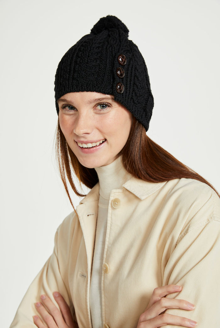 Hat & Scarf, merino wool, made in Ireland, knitwear, black hats,aran hat, ladies hat, Ireland
