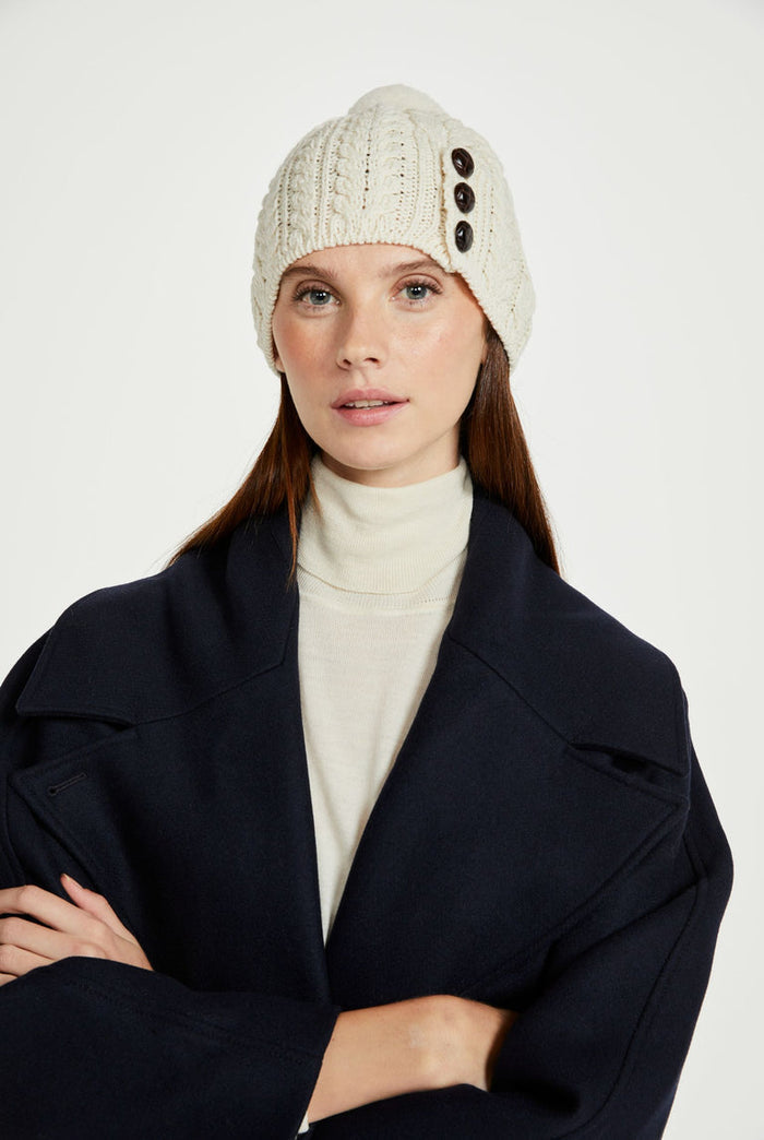 Hat & Scarf, merino wool, made in Ireland, knitwear,aran hat, ladies hat, Ireland, pom pom, gift,cream
