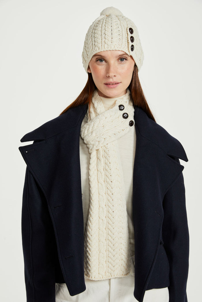 Hat & Scarf, merino wool, made in Ireland, knitwear, cream,aran hat, ladies hat, Ireland