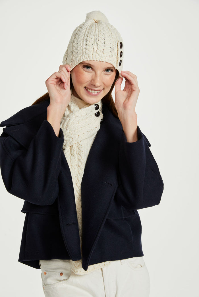 Hat & Scarf, merino wool, made in Ireland, knitwear, cream,aran, ladies hat, Ireland,woollen hats