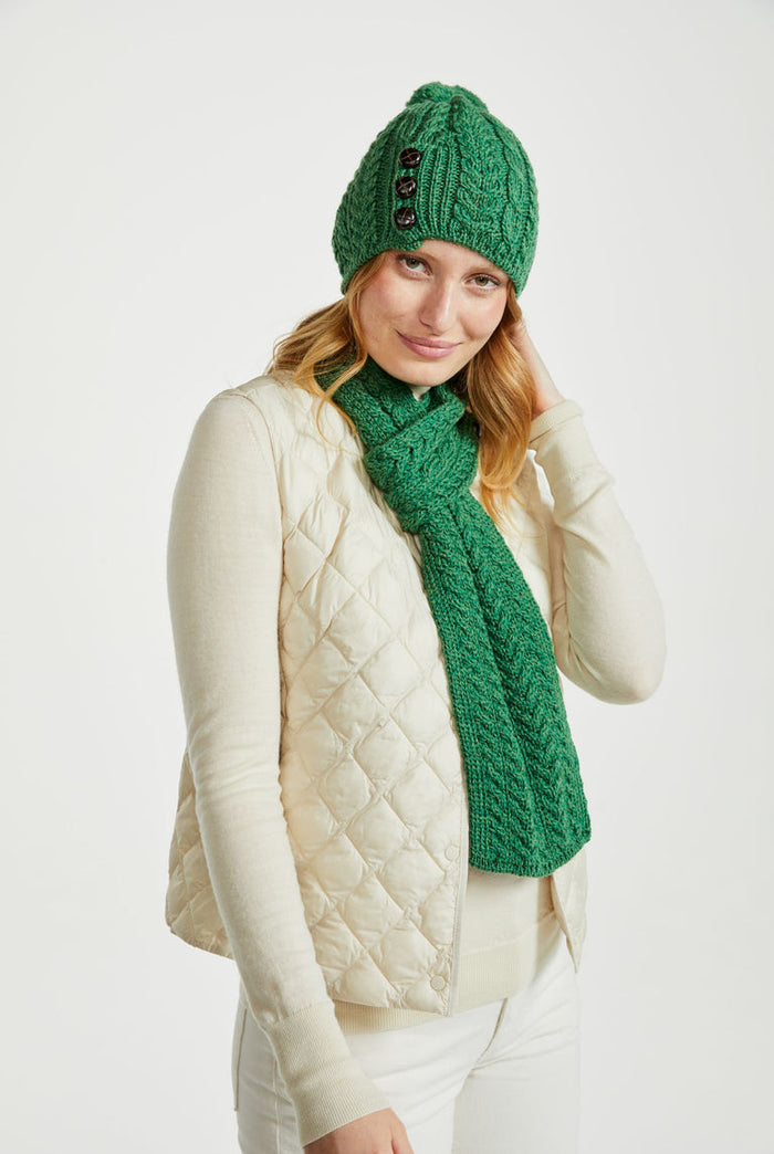 Hat & Scarf, merino wool, made in Ireland, knitwear,aran hat, ladies hat, Ireland, pom pom, gift,green