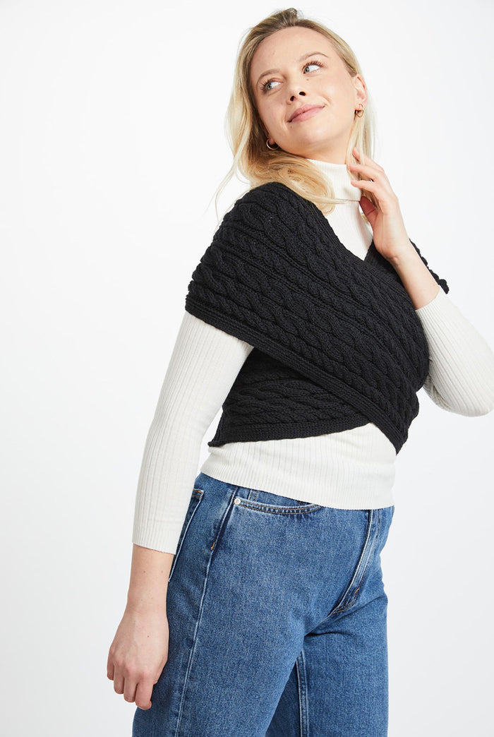 Corrib Crossover Merino Aran Wrap -  Black