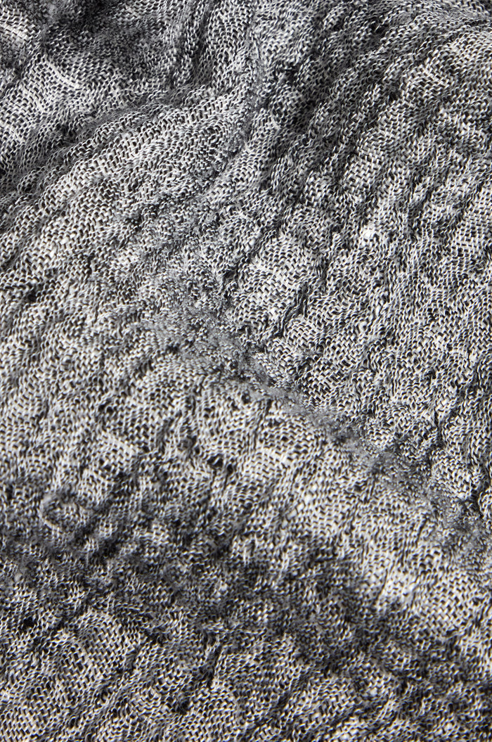 Close-up of textured grey crinkle linen, showing the detailed stitching and woven patterns on our Crinkle Double Face Linen Bubble Trouser.