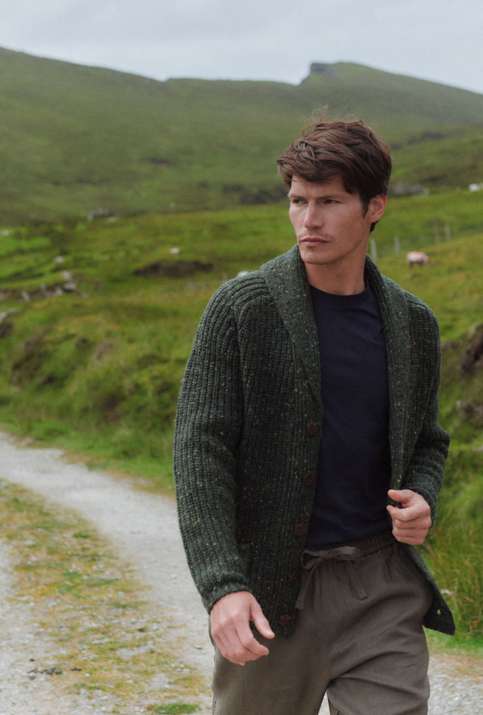 Curragh Mens Rib Shawl Cardigan - Green