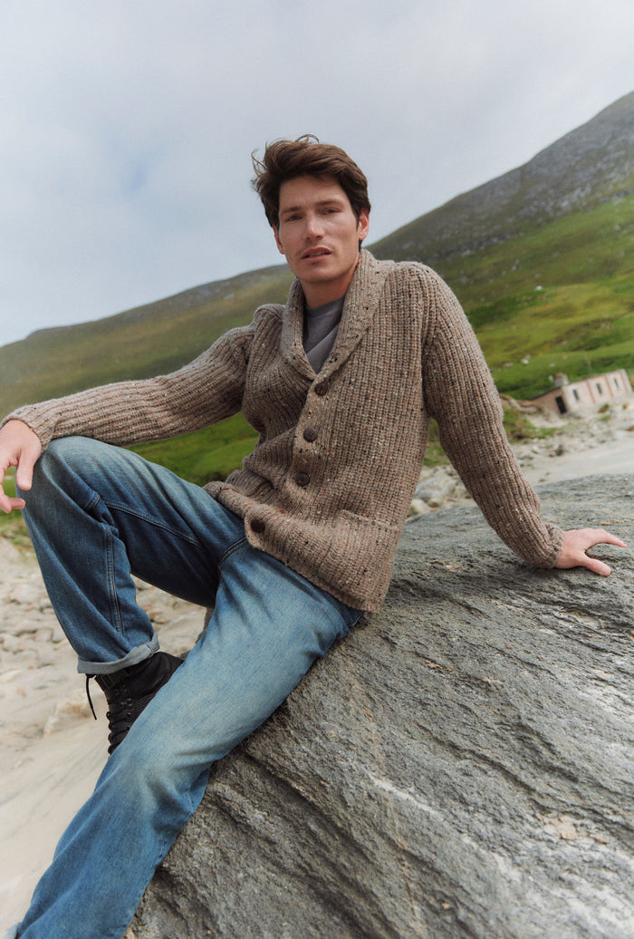 Curragh Mens Rib Shawl Cardigan - Oat