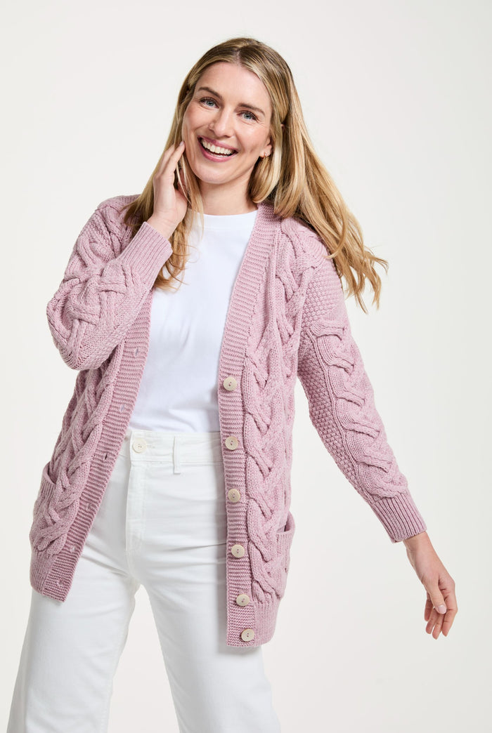 Merino Wool sweater, made in Ireland, wool jumper, knitwear, cardigan, Ireland,aran sweater, Buttoned sweater, wool cardigan,pink,V Neck
