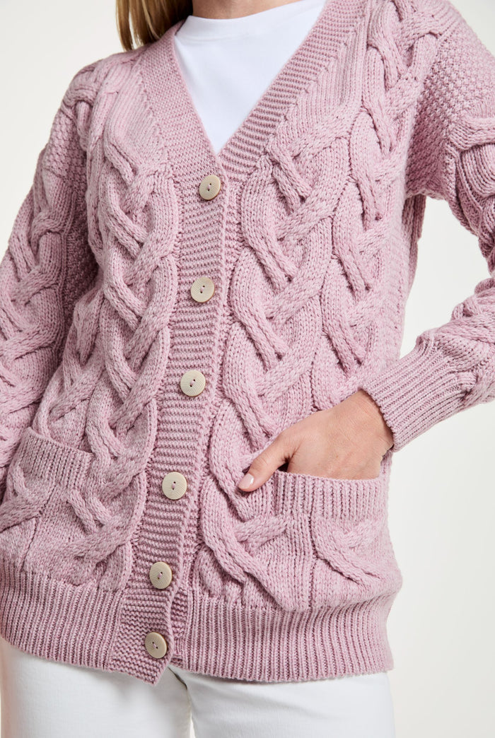 Merino Wool sweater, made in Ireland, wool jumper, knitwear, cardigan, Ireland,aran sweater, Buttoned sweater, wool cardigan,pink,V Neck