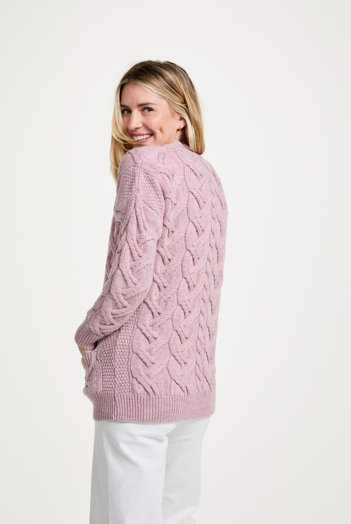 Merino Wool sweater, made in Ireland, wool jumper, knitwear, cardigan, Ireland,aran sweater, Buttoned sweater, wool cardigan,pink,V Neck