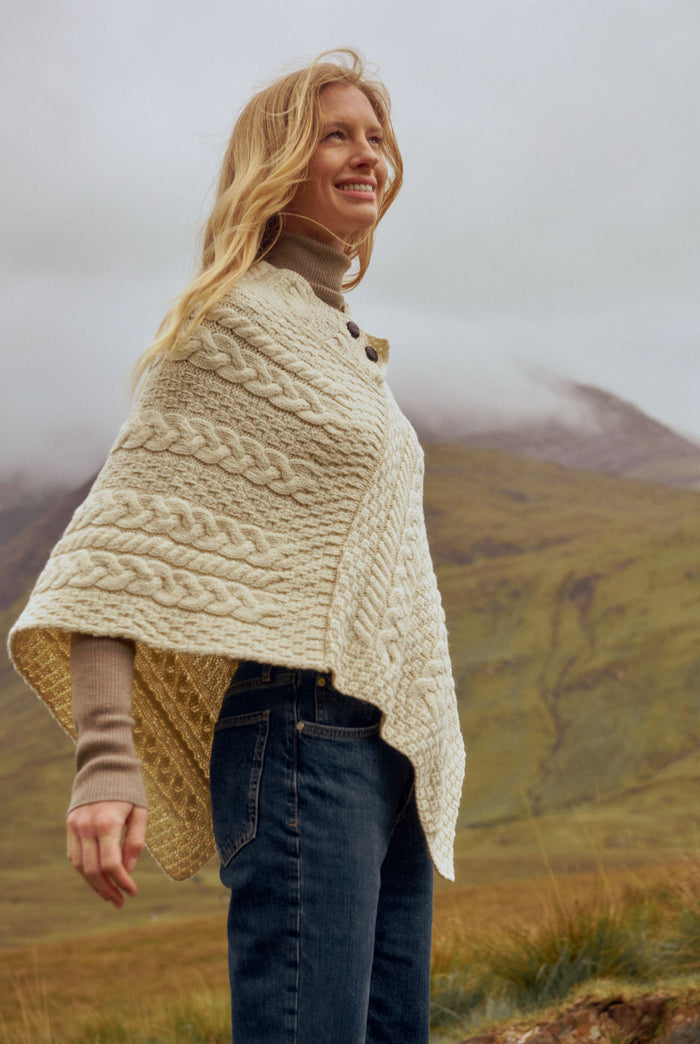 Merino wool, aran, wool poncho, Ireland, knitwear, made in Ireland, wrap,cream
