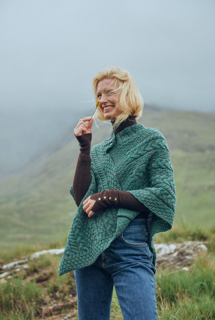 Merino wool, aran poncho, wool poncho, Ireland, knitwear,made in Ireland,wrap,Aran knitwear,green