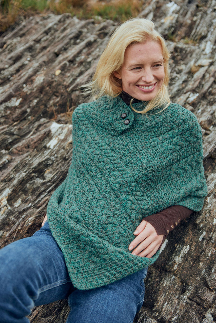 Merino wool, aran poncho, wool poncho, Ireland, knitwear,made in Ireland,wrap,Aran knitwear,green