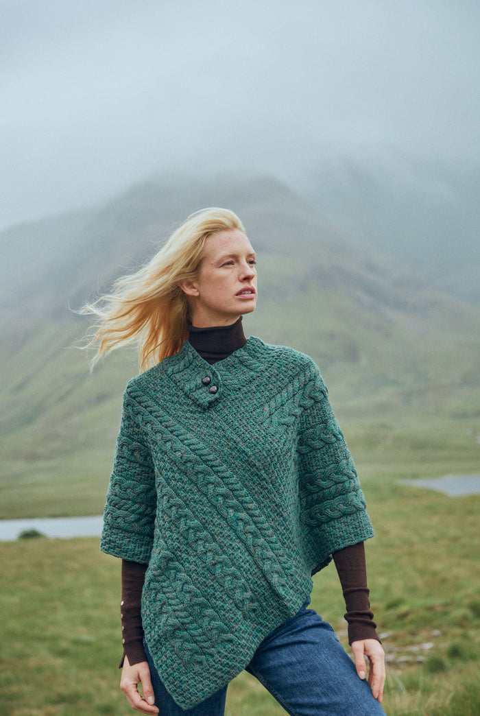 Made in Ireland, green poncho, knitwear, aran poncho, wool poncho,wrap,merino wool, poncho
