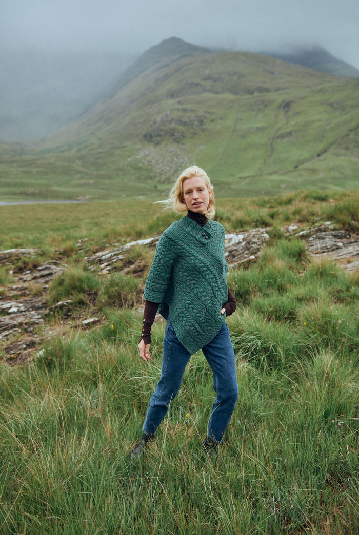 Made in Ireland, green poncho, knitwear, aran poncho, wool poncho, wrap, merino wool, poncho