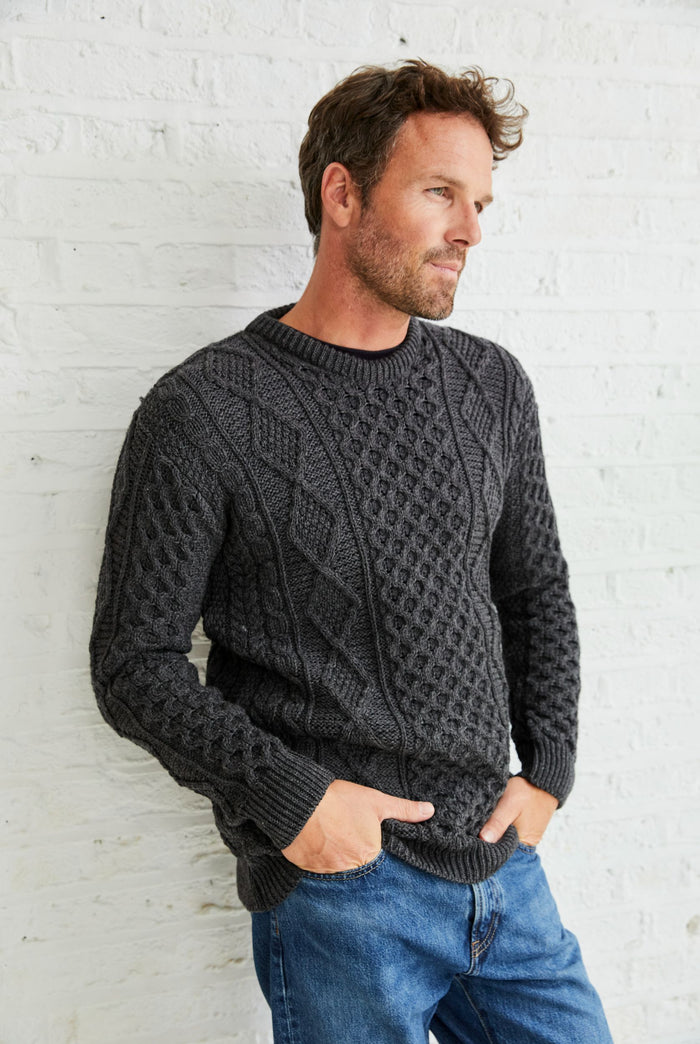 100% wool jumper, Aran Sweater, Men's Sweater, unisex, merino wool, cable knit, knitwear, made in Ireland, grey