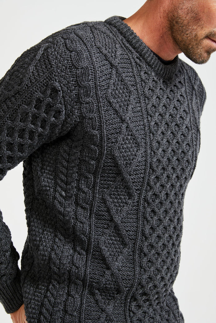 100% wool jumper, Aran Sweater, Men's Sweater, unisex, merino wool, cable knit, knitwear, made in Ireland, grey