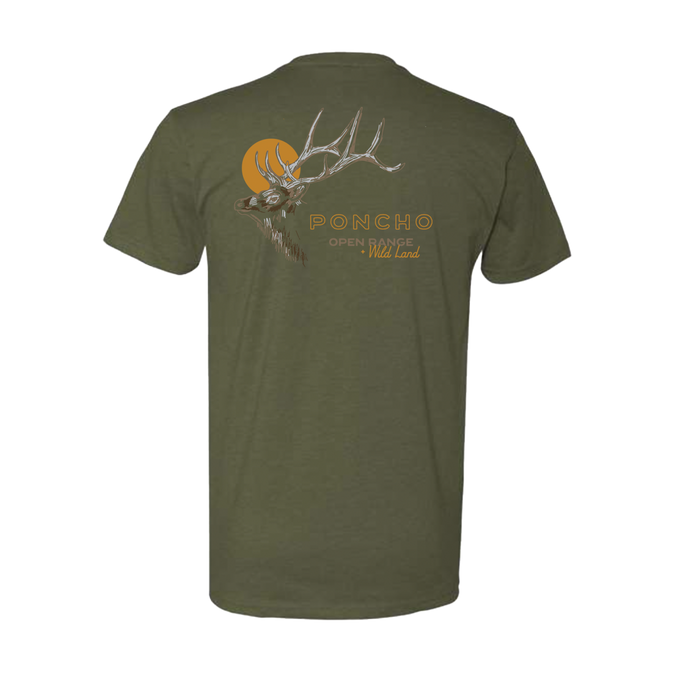 Back view of green Elk and Moon T-Shirt with elk and moon graphic and outdoors text