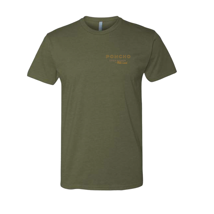 Olive green Elk and Moon T-Shirt with small yellow text design on chest