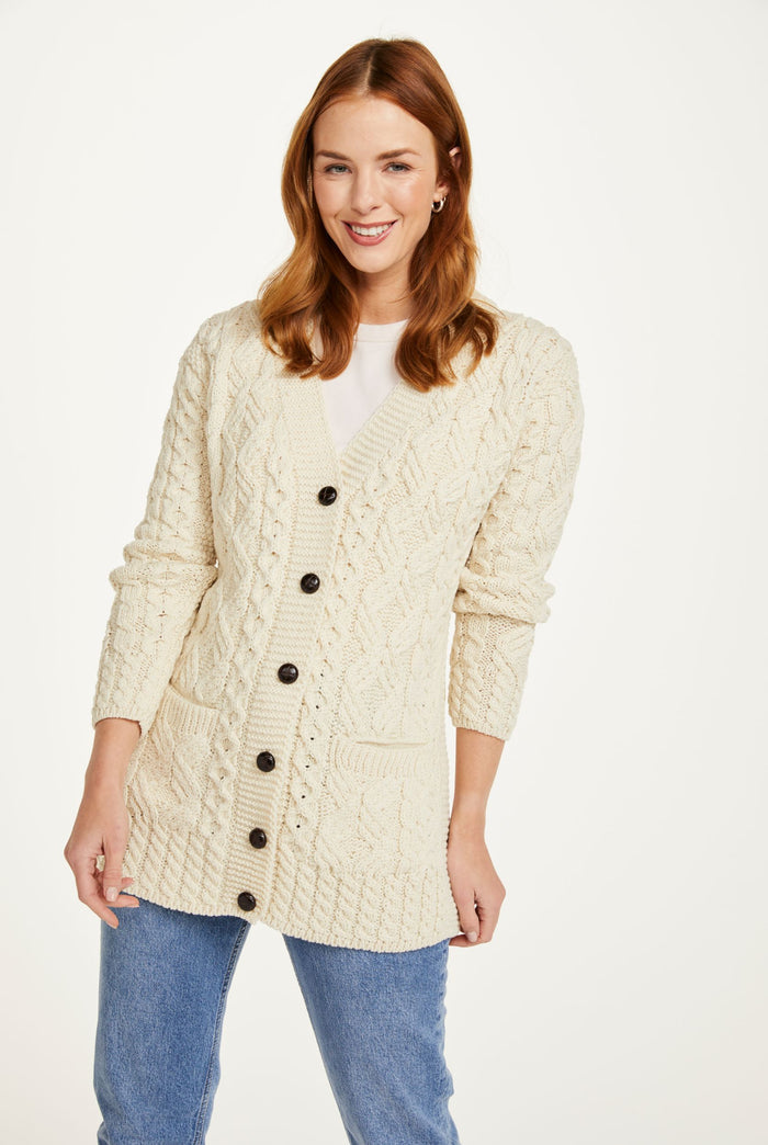 sweater, merino wool, woollen jumper, cardigan, buttoned cardigan, aran, knitwear, Ireland, women's cardigan, cable knit,cream cardigan