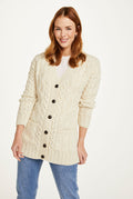 sweater, merino wool, woollen jumper, cardigan, buttoned cardigan, aran, knitwear, Ireland, women's cardigan, cable knit,cream cardigan