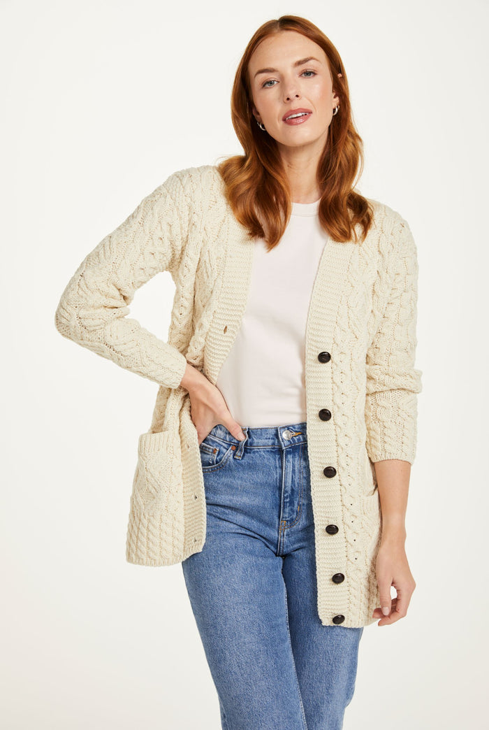 sweater, merino wool, woollen jumper, cardigan, buttoned cardigan, aran, knitwear, Ireland, women's cardigan, cable knit,cream cardigan