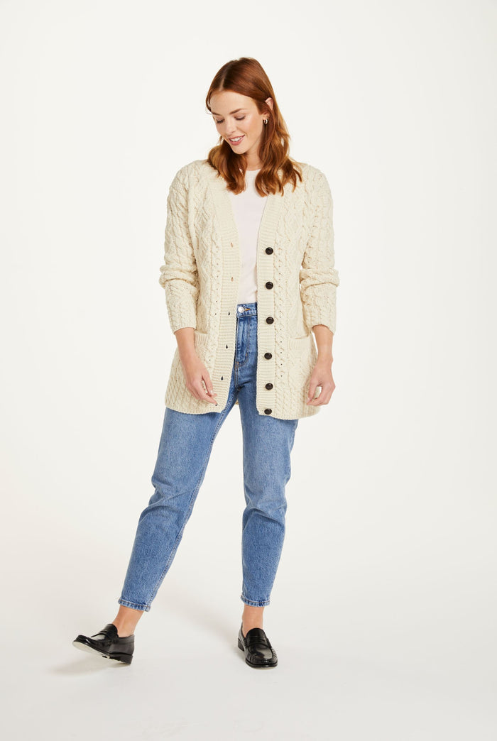sweater, merino wool, woollen jumper, cardigan, buttoned cardigan, aran, knitwear, Ireland, women's cardigan, cable knit,cream cardigan