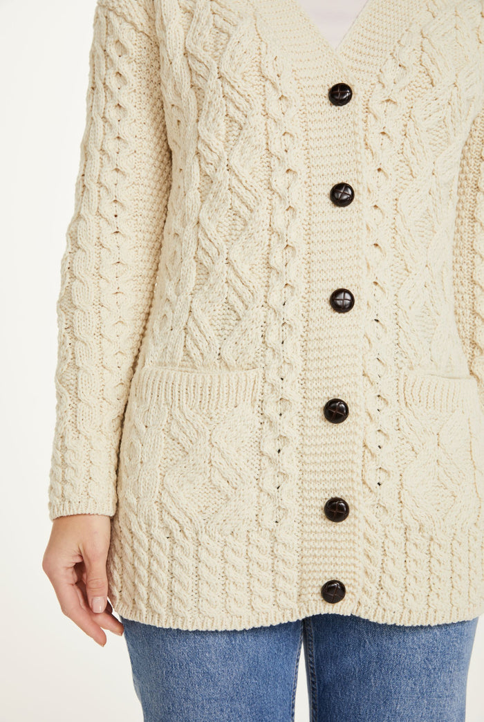 sweater, merino wool, woollen jumper, cardigan, buttoned cardigan, aran, knitwear, Ireland, women's cardigan, cable knit,cream cardigan