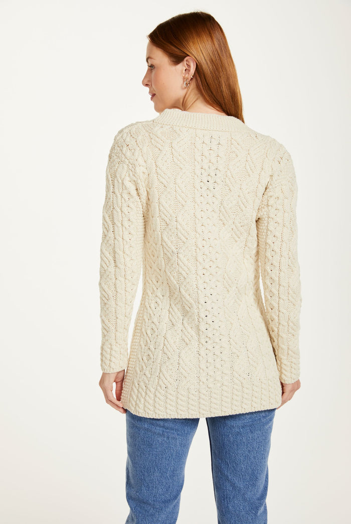 sweater, merino wool, woollen jumper, cardigan, buttoned cardigan, aran, knitwear, Ireland, women's cardigan, cable knit,cream cardigan