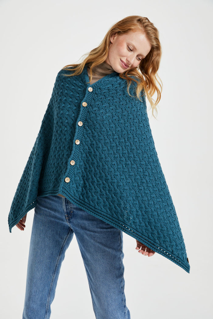 Made in Ireland, poncho, knitwear, aran cape, wool cape, merino wool, blue, cape