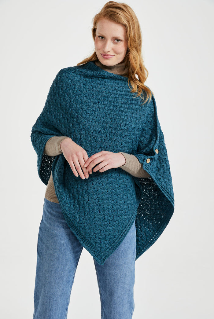 Made in Ireland, poncho, knitwear, aran cape, wool cape, merino wool, teal, Ireland
