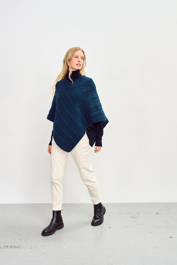 Merino wool poncho, made in Ireland, Aran, blue poncho, knitwear, wool poncho, cab, shawl,aran knit