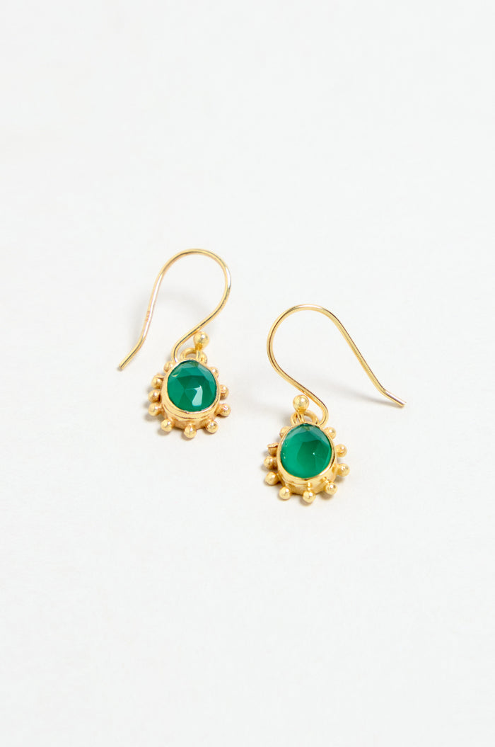 Gold Vermeil Green Onyx Earrings featuring round green onyx gemstones accented by gold beads, displayed on a white background.
