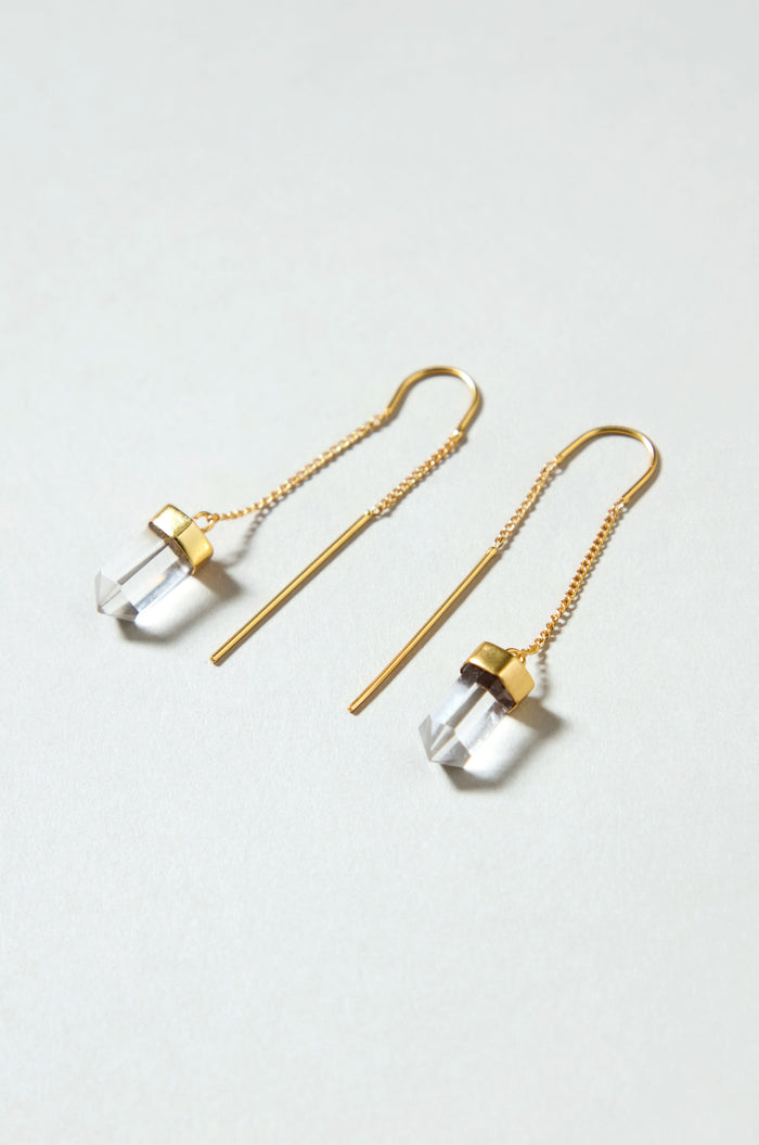 Hand Crafted Clear Quartz Crystal Drop Earrings featuring clear quartz pendants elegantly displayed on a light surface.