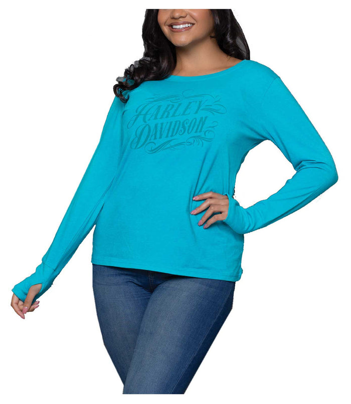 Harley-Davidson® Women's Filigree Script Long Sleeve Scoop Neck Shirt, Jade - 40291353