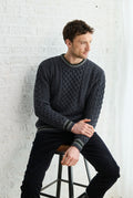Men's sweater,  Aran, merino wool, made in Ireland, Irish sweater, Boyfriend, cable knit, crew neck， Pullover,grey