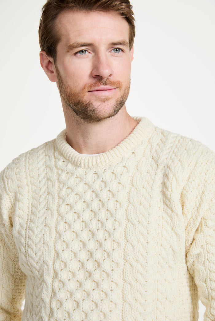 Sweater, merino wool, jumper, made in Ireland, Crew neck, cable knit, knitwear.wool jumper,aran, unisex,cream