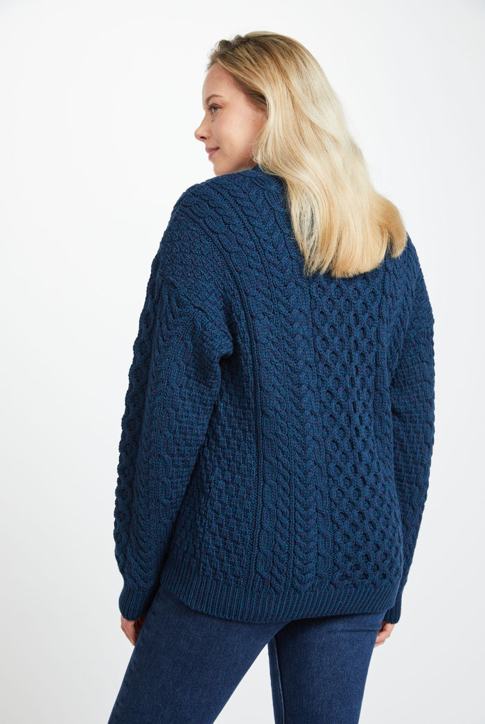 mens sweater, merino wool, made in Ireland, knitwear, wool jumper, crew neck,aran, Ireland, cable knit, unisex, blue