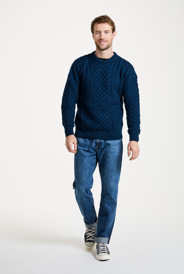 mens sweater, merino wool, made in Ireland, knitwear, wool jumper, crew neck,aran, Ireland, cable knit, unisex, blue