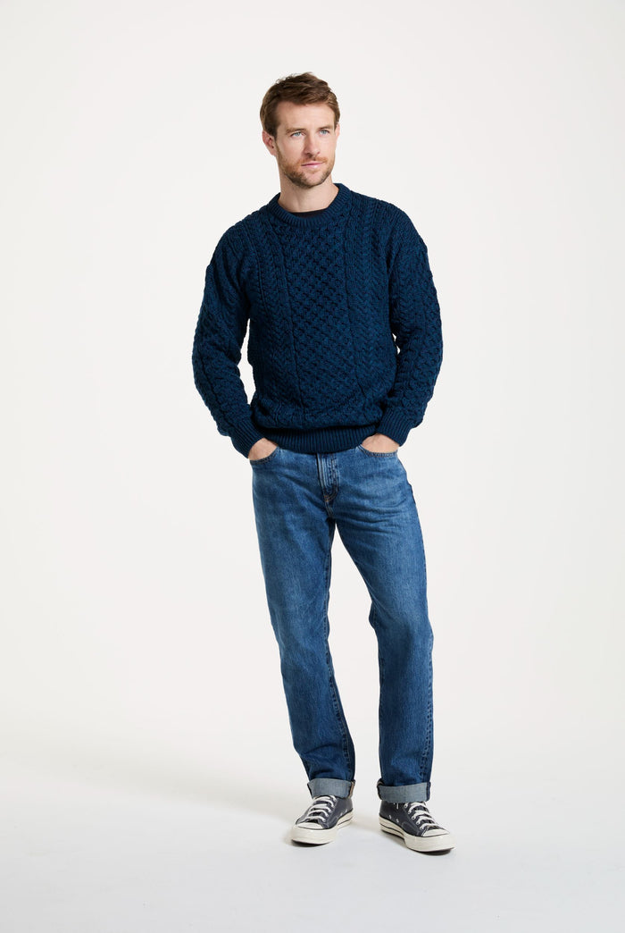 mens sweater, merino wool, made in Ireland, knitwear, wool jumper, crew neck,aran, Ireland, cable knit, unisex, blue