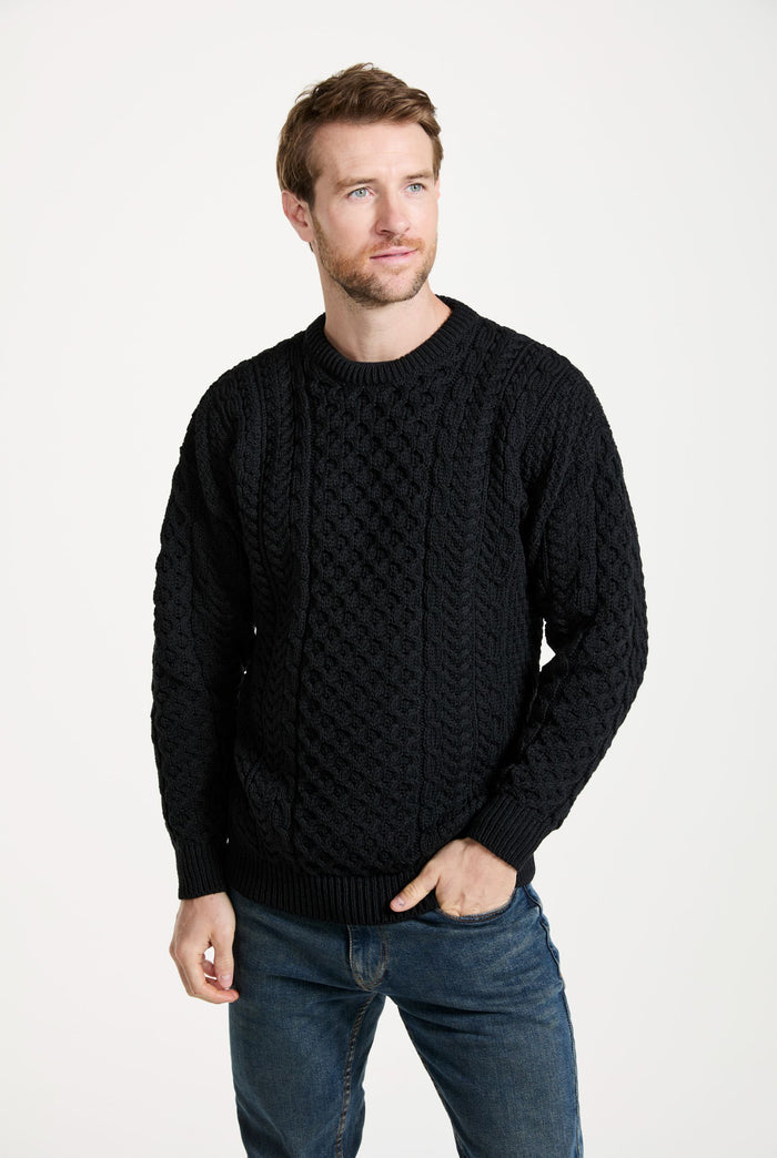 Made in Ireland, knitwear, men's sweater, Aran sweater, merino wool, cable knit, unisex, fisherman, black jumper