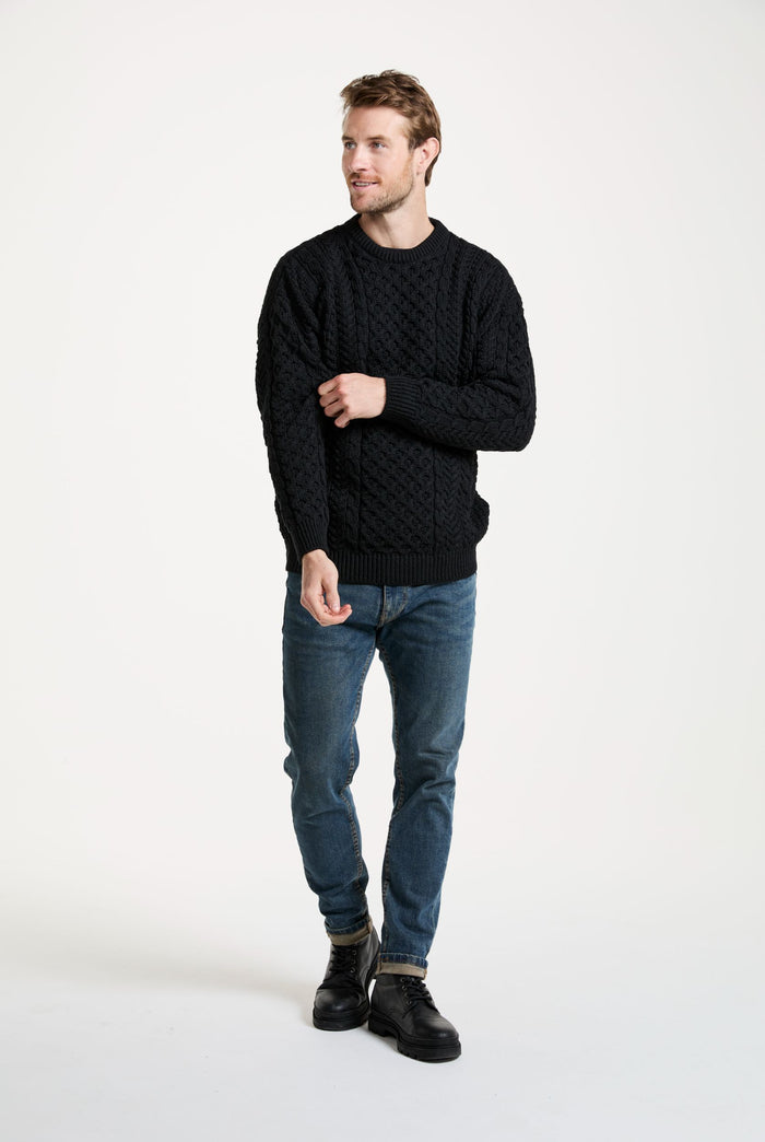 Merino wool, sweater, made in Ireland, knitwear, men's sweater, crew neck sweater,aran sweater, Ireland, jumper, black jumper