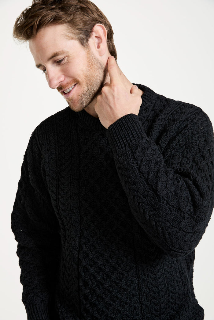 Merino wool, sweater, made in Ireland, knitwear, men's sweater, crew neck sweater,aran sweater, Ireland, jumper, black jumper