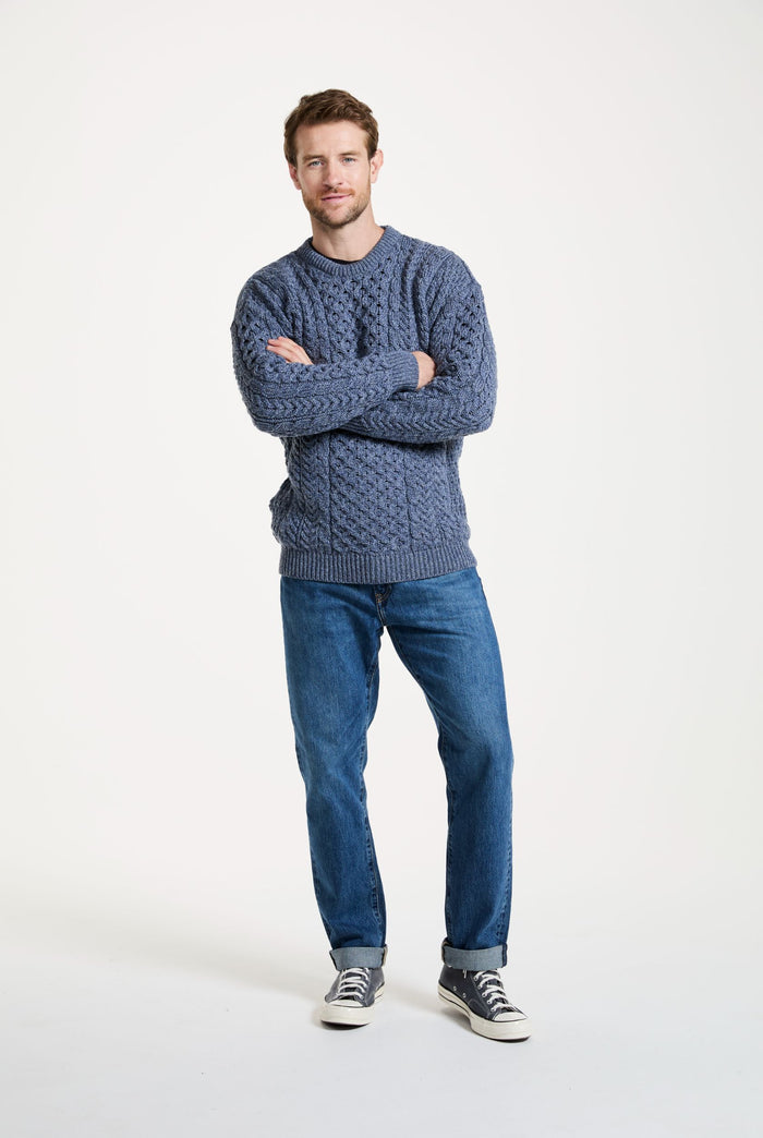 men's sweater, merino wool, made in Ireland, knitwear, crew neck sweater,aran sweater, Ireland, blue, knitwear, cable knit, unisex