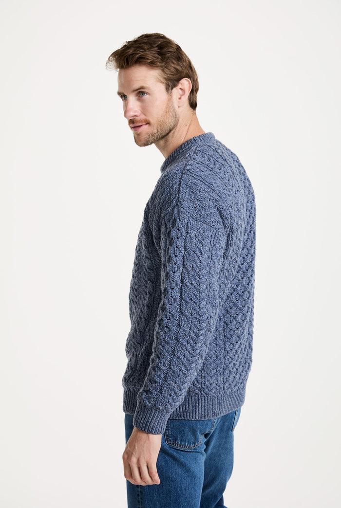 men's sweater, merino wool, made in Ireland, knitwear, crew neck sweater,aran sweater, Ireland, blue, knitwear, cable knit, unisex
