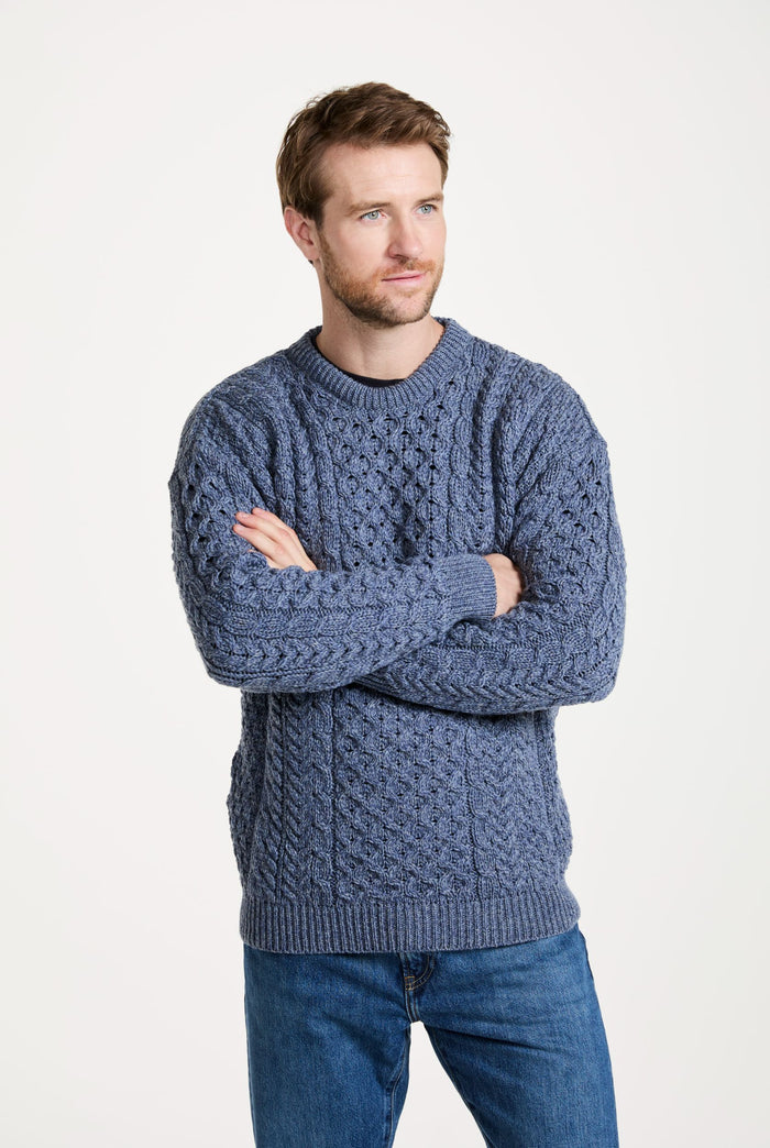 men's sweater, merino wool, made in Ireland, knitwear, crew neck sweater,aran sweater, Ireland, blue, knitwear, cable knit, unisex