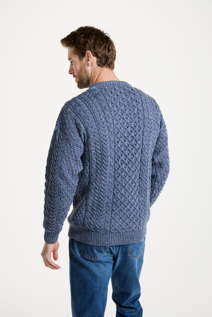 men's sweater, merino wool, made in Ireland, knitwear, crew neck sweater,aran sweater, Ireland, blue, knitwear, cable knit, unisex