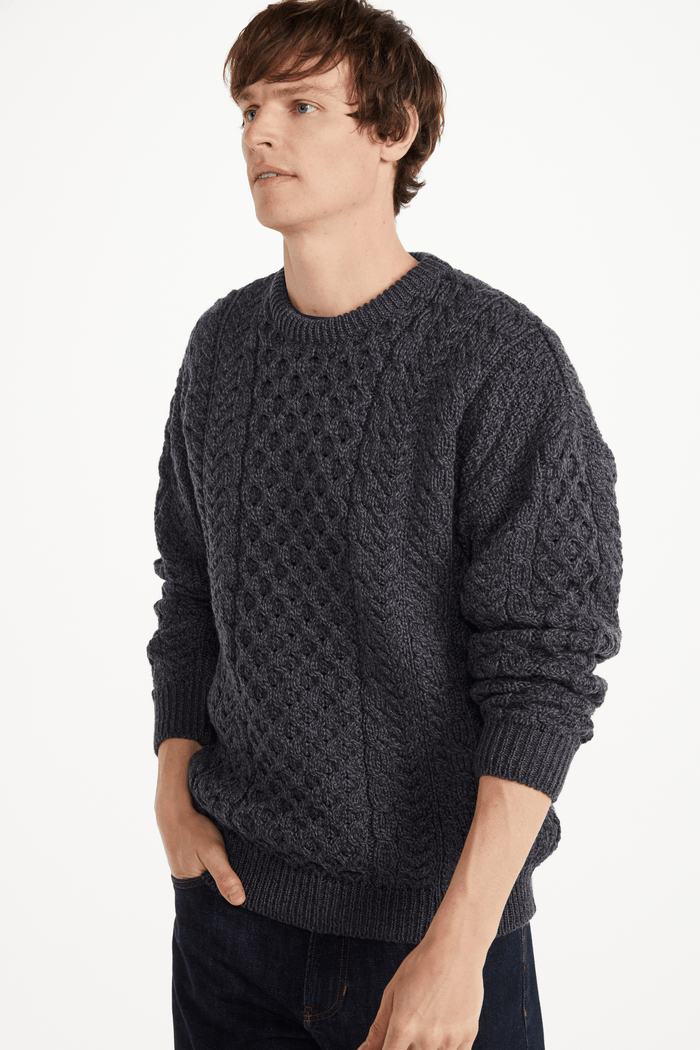 Inisheer Traditional Mens Merino Aran Sweater - Charcoal