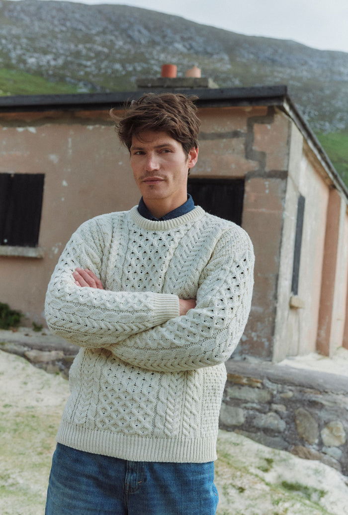 Inisheer Traditional Mens Merino Aran Sweater - Cream