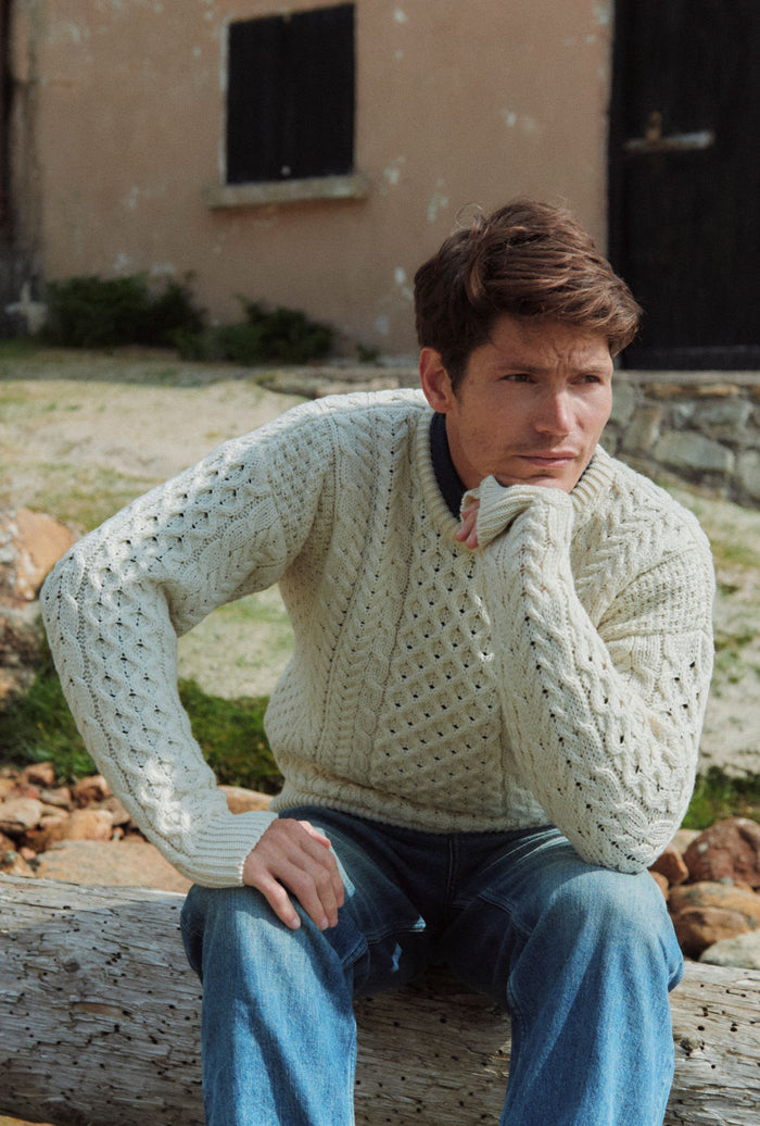 Inisheer Traditional Mens Merino Aran Sweater - Cream