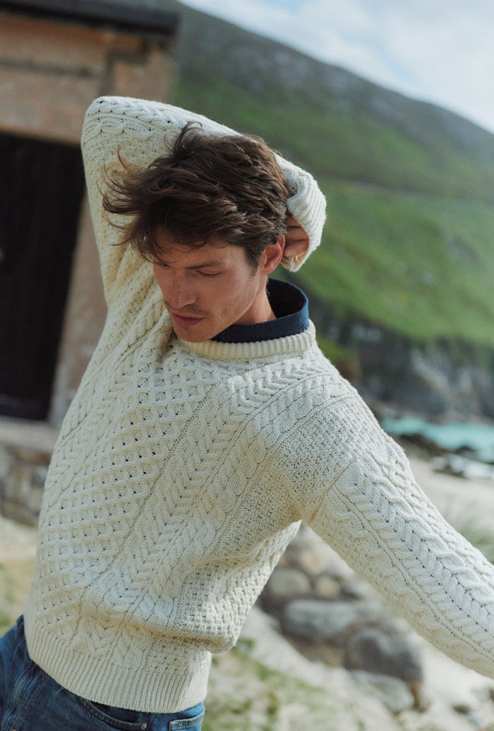 Inisheer Traditional Mens Merino Aran Sweater - Cream