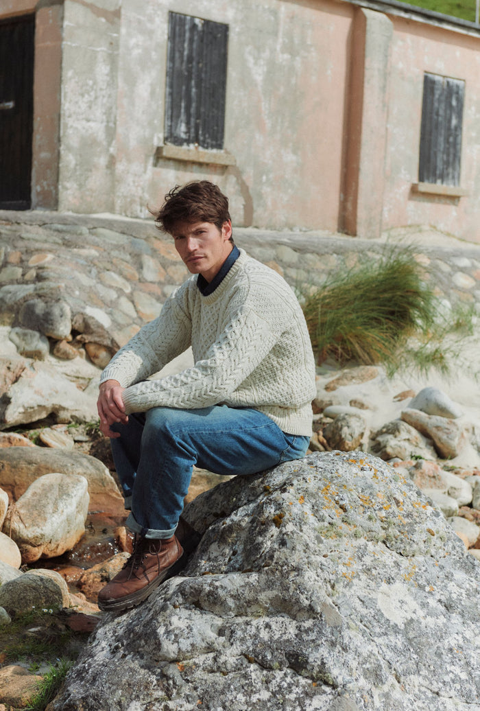 Inisheer Traditional Mens Merino Aran Sweater - Cream